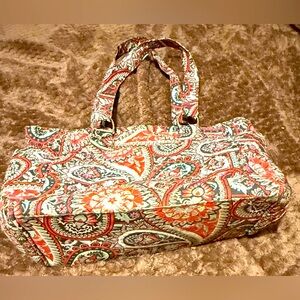 Red and Green Quilted Tote Bag with Structured Handles 16”L X 11”W.